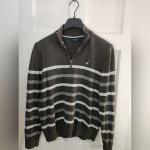 Nautica Men's Green and White Striped Zip-Up Sweater